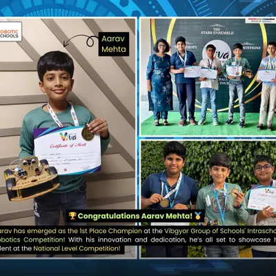 We celebrate Aarav Mehta's 1st place victory at the Vibgyor Group of Schools’ Intraschool Robotics Competition. His success is a testament to the practical, competition-focused training we provide.