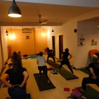 A typical Hatha yoga group session where we focus on holding poses to build strength and awareness. You can see students in Virabhadrasana, or Warrior Pose, working on their alignment.