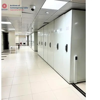 The state-of-the-art mobile shelving units at the Archives of Contemporary India (ACI) at Ashoka University. These systems ensure the long-term preservation of historical documents in a controlled and secure environment, which is fundamental to the work of historians.