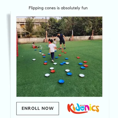 Flipping cones is one of our favorite games! It’s a fast-paced race that gets everyone moving and laughing. This simple game is great for developing speed and agility as kids run back and forth to flip the markers to their team's color.