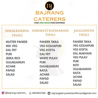 A quick look at my thali menu, which includes options like the Shrikrishna, Shrimati Radharani, and Jagganath thalis. This gives you an idea of the different combinations of sabzis, dals, and breads available.