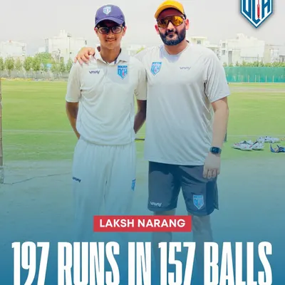Immense pride in my student Laksh Narang for this powerhouse innings of 197 runs. This knock was a masterclass in focus, patience, and controlled aggression, showcasing the technical skills and mental fortitude we drill at Delhi Cricket Hub. A true future star in the making.