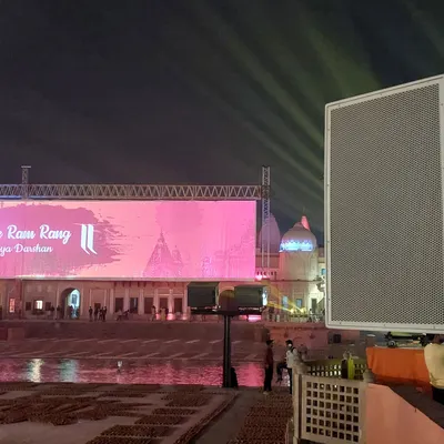 Here is another view of the setup for the Shree Ram Rang event in Ayodhya, featuring a large LED screen and powerful JBL speakers. My focus is on designing and providing integrated AV systems that deliver maximum impact for high-profile cultural and public gatherings.