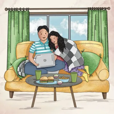 This is a full-view of a custom digital illustration I created for a wedding invite. The couple wanted to be depicted in their cozy, happy place, so I drew them relaxing on the couch, capturing a sweet and personal moment.