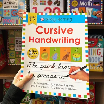 We offer a variety of tools to make learning fun, like this "Cursive Handwriting" workbook. It's a wipe clean book, allowing for practical exercises that can be done many times over to build confidence and skill.
