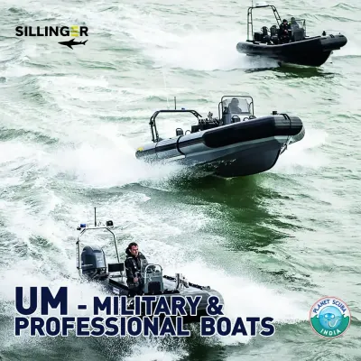 This composite image displays the versatility of the Sillinger UM series boats. From smaller, agile craft for reconnaissance to larger models for personnel transport, these military-grade boats are designed for high-speed performance and stability in rough seas.