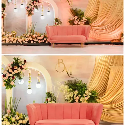 The stage and seating I designed for an elegant engagement ceremony. The soft color palette, floral arches, and custom monogram create a romantic and personalized backdrop for the couple.