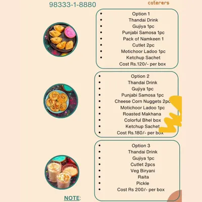 Our special menu for Holi celebrations, featuring three different snack box options. Each box is packed with festive treats like Thandai, Gujiya, and Samosas to add flavour to your festival of colours.