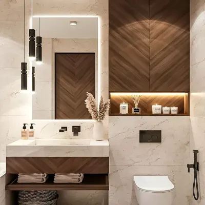We designed this modern bathroom with a floating wood vanity and a sleek white countertop sink. The space is enhanced by a large backlit mirror, chevron-patterned wood cabinets, and a recessed shelf with ambient lighting for a warm, spa-like feel.