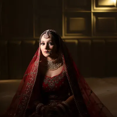A stunning bridal portrait in full color. The bride, dressed in a traditional red lehenga, looks directly at the camera with a calm and graceful expression, her beauty illuminated by soft, warm light.