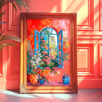 A promotional graphic for my 'Blue Window' acrylic painting workshop. This image shows the beautiful reference painting for the session.