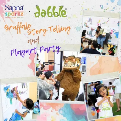 A collage from our Gruffalo Story Telling and Playart Party, showing the magical moments from the day. From kids meeting the Gruffalo to getting creative with paint, it was a day filled with smiles and imagination.