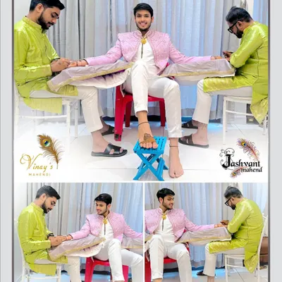 A collage showing the process of applying mehndi for a groom. As a team of two artists, my partner Jashvant and I can ensure both hands are done beautifully and efficiently.