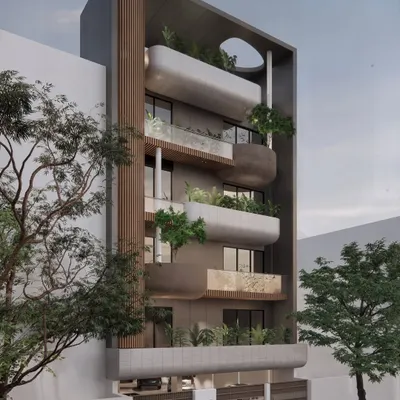 A closer look at our New Delhi project, where cantilevered balconies and integrated planters create a living, breathing facade. This design breaks away from urban monotony and introduces a dynamic interplay of form, material, and nature.