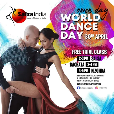 We love celebrating dance with everyone. Here's an announcement for our World Dance Day Open Day, where we offered free trial classes in Salsa, Bachata, and Kizomba.