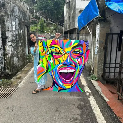 The final vibrant pop art piece I painted on a 5x4 feet acrylic sheet for a dental clinic. The bright, joyful expression is designed to make patients feel happy and at ease.