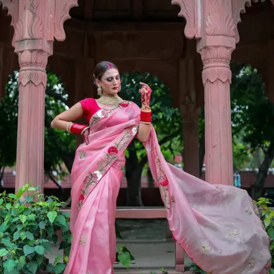 A full-length portrait of a woman in a flowing pink organza saree, standing gracefully in a heritage-style gazebo. The shot captures the elegance of the saree and the beauty of the outdoor location.
