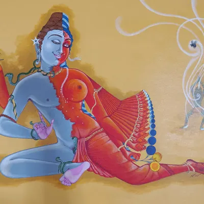 "Brahmopadesham: Sermon to Bhringi" depicts the origin of Ardhanarishvara. The painting captures the moment Parvati merges with Shiva to teach the obstinate sage Bhringi about the inseparability of Shakti and Shiva, illustrating a profound philosophical concept through dynamic form and color.