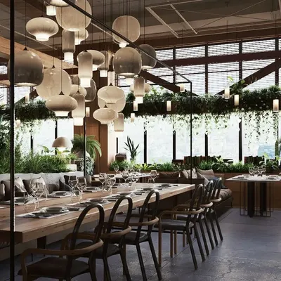 This 3D concept for a restaurant uses natural materials, lush greenery, and layered lighting to create an unforgettable dining ambiance. It's a perfect example of biophilic design in a commercial setting.
