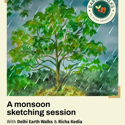 A beautiful watercolor painting of a tree in the rain, created by artist Richa Kedia. This artwork promotes our monsoon sketching session, where you can learn to capture the mood of the season.