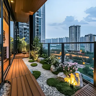 A zen-inspired balcony garden with pebbles, moss, and carefully placed rocks and lighting to create a tranquil miniature landscape.
