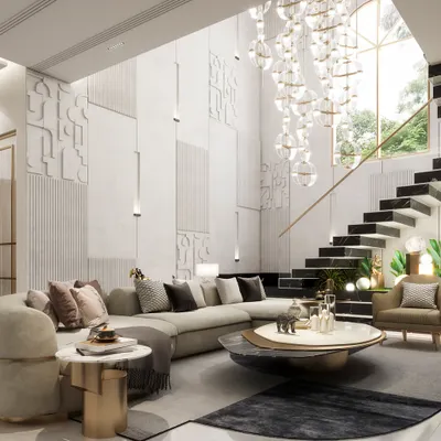 A double-height living room where scale and light are the heroes. Our render captures the grandeur of the space, from the texture of the wall panels to the dramatic staircase and the light pouring in from the large windows.