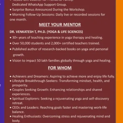 This poster details the many bonuses and features of one of our workshops. I believe in giving immense value, from discounts on teacher training to dedicated support groups. It also shows the wide range of people who can benefit, from CEOs to spiritual explorers.