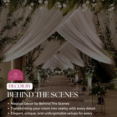 A breathtaking entrance corridor created by our decor partner, Behind The Scenes. The flowing white drapes and lush floral arrangements create a magical pathway for you and your guests.
