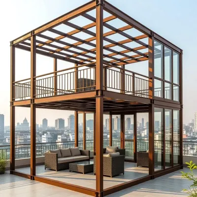 This two-story glasshouse is a testament to our technical expertise in complex projects. It creates a stunning, multi-level outdoor living area with panoramic city views, blurring the lines between inside and out.