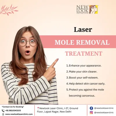 This graphic outlines the key benefits of our laser mole removal treatment. Beyond cosmetic enhancement, the procedure can boost self esteem and play a role in the early detection of skin cancer.