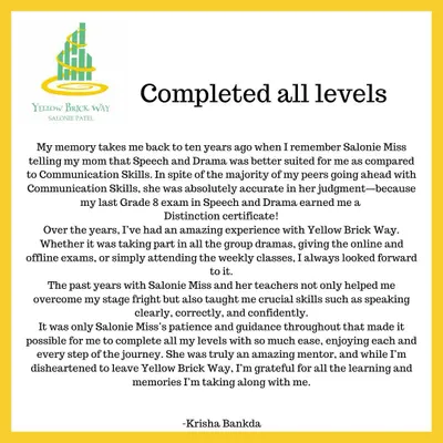 A wonderful testimonial from a student who completed all her levels with us. Her journey from choosing Speech and Drama to earning a Distinction is a story of dedication, and we are so grateful to have been her mentor.