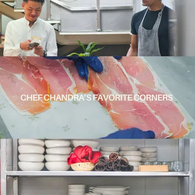 A collage capturing some of Chef Manu's favourite corners of Lupa. From the pass where orders are called to the butchery where precision is key, this is a look at the spaces where our relationship with you begins.
