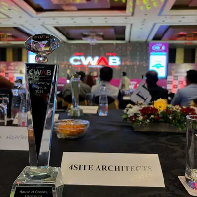 The trophy for our 'Noteworthy Project' award from the Construction World Architect and Builder (CWAB) Awards 2024. Our 'House of Greens' was recognized for its excellence in biophilic design and nature-integrated interiors.