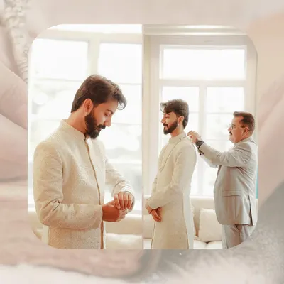 A collage showing the groom getting ready, with a touching moment of his father helping him. These quiet, behind-the-scenes shots are an important part of the wedding story.