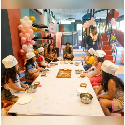 My baking workshops are a recipe for fun! Here, a group of young chefs are ready to learn, wearing their hats and aprons, all set to create something delicious.