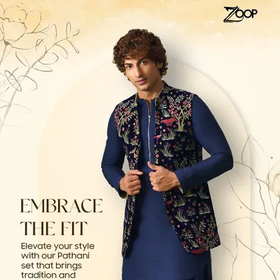 Fit meets finesse in this Pathani set. The navy blue kurta is paired with a velvet embroidered jacket, elevating your look with the perfect blend of tradition and modern style.