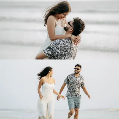 A collage of a couple's playful and romantic moments during their beach pre-wedding shoot. We capture the joy and freedom of being by the sea.