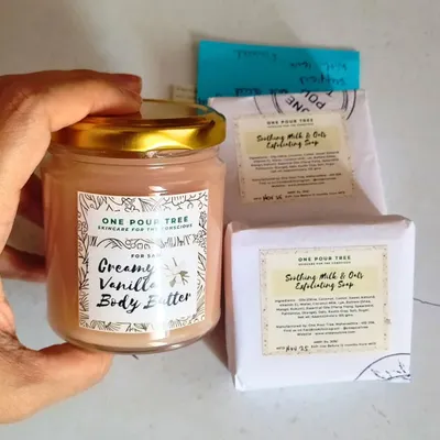 Here’s a look at a custom order being prepared. This client chose my Creamy Vanilla Body Butter and two bars of the Soothing Milk & Oats Exfoliating Soap. I love helping you put together the perfect combination.