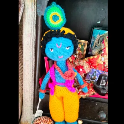 Happy Janmashtami! This is my crochet Lord Krishna doll, complete with his peacock feather and flute. He is perfect for your home temple or as a special toy for children to learn about stories.