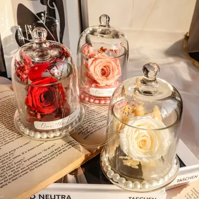 My Eternal Roses are a perfect expression of lasting love. This trio shows the red, peach, and white roses, each preserved in a glass dome.