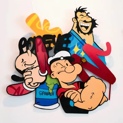 Here's the full view of my Popeye 3D artwork. I layered multiple CNC-cut wood pieces to give Popeye, Bluto, and even the spinach can a real sense of depth.