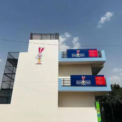 The finished exterior of the Eurokid play school in Noida. We ensured the building's facade and signage were bright and welcoming, setting the right tone before anyone even steps inside.