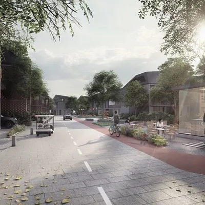 This street view of the Kolgaon masterplan illustrates our vision for a pedestrian-friendly community. By minimizing the ground footprint of the homes, we created expansive green areas and social pathways that encourage walking, cycling, and spontaneous interaction between neighbors.