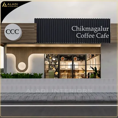 The exterior design for the Chikmagalur Coffee Cafe concept, featuring a modern facade with mixed materials and prominent branding that invites customers in.