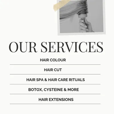 A quick overview of our core hair services: Hair Colour, Hair Cut, Hair Spa & Care Rituals, Botox & Cysteine, and Hair Extensions.