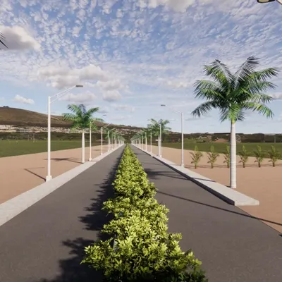 This 3D render shows a perspective view of a planned community road with a central green median. This visualization helps in planning the flow and aesthetics of the entire layout.