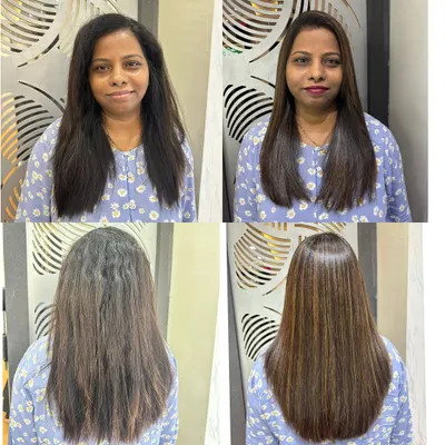 This collage shows the full transformation, combining global highlights with a Botox treatment. The client's hair goes from dull and frizzy to vibrant, smooth, and multi-dimensional in a single session.