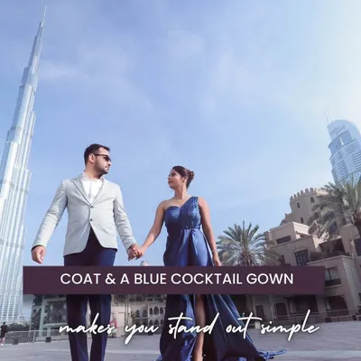 A powerful and stylish shot with the Burj Khalifa in Dubai as the backdrop. The couple's formal attire and confident pose create a look of modern luxury and ambition, perfect for a city-themed pre-wedding shoot.