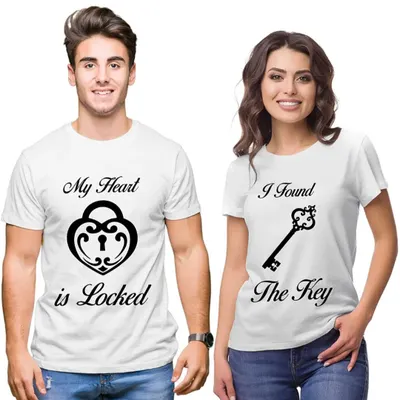 A classic couple t-shirt design, 'My Heart is Locked' and 'I Found The Key'. It's a cute and romantic way to show you're a perfect match, great for pre-wedding photoshoots.