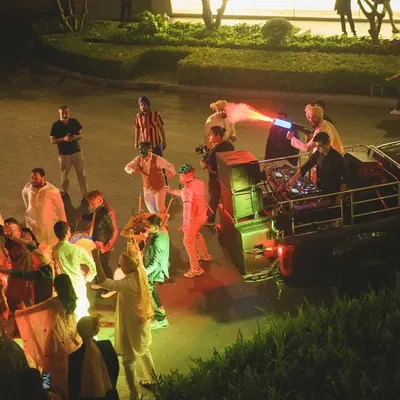 An aerial view of the Baraat madness. My mobile DJ truck is equipped with a CO2 cannon to hype up the crowd as we lead the procession.